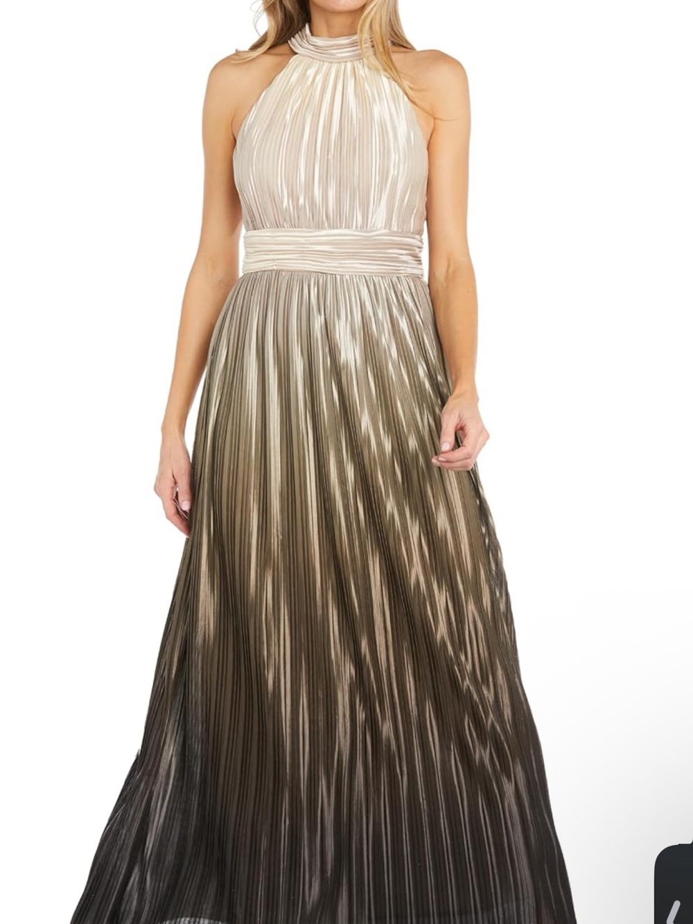R&M Richards Elegant Ombre Pleated Halter Maxi Dress - Cream to Black
